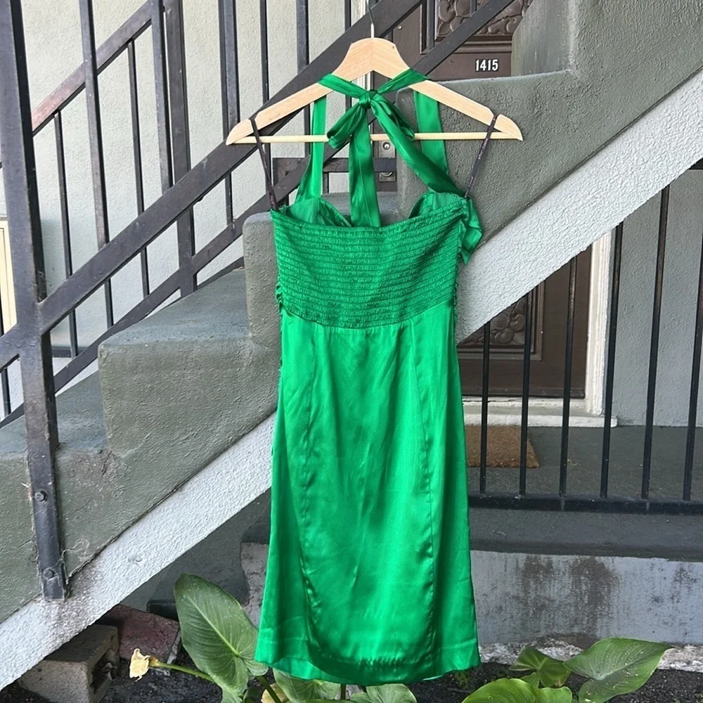 Betsey Johnson Vintage Green Ruched Halter Mini Dress Wedding Guest Formal Sz 4 - Picture 6 of 10